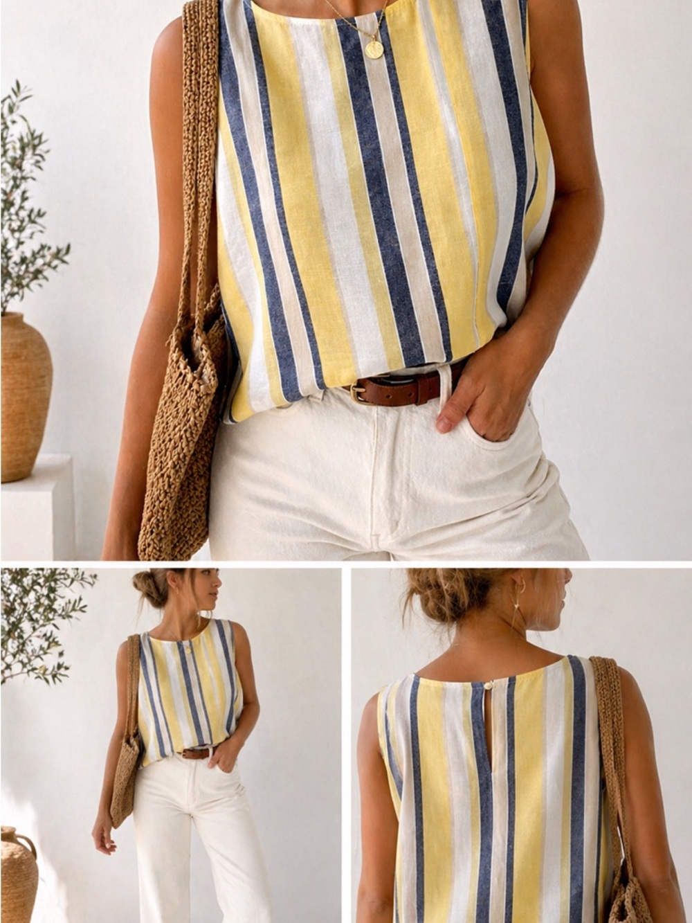 Liz Claiborne Linen Blend Striped Sleeveless Top Size Large Summer